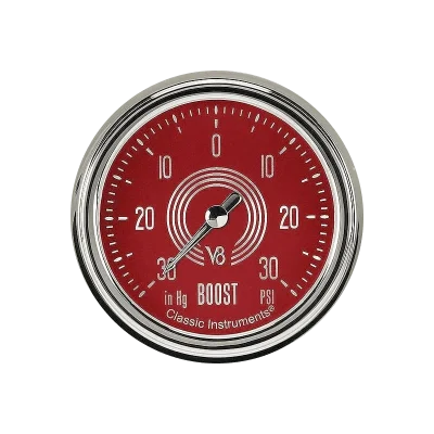 Classic Instruments® - V8 Red Steelie Series Boost/Vacuum Gauge, -30 in Hg +30 PSI